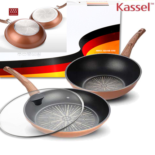 [Kassel ] 카셀 티타늄코팅  실리콘 손잡이 인덕션(IH) 후라이팬 3종 세트 28CM후라이팬 + 28CM궁중팬+유리뚜껑