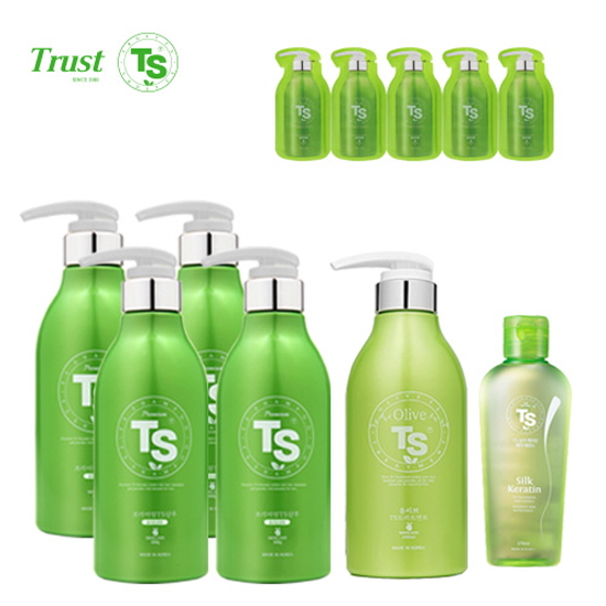 [TS샴푸] 프리미엄 TS 샴푸 500ml×4개+올리브 TS 트리트먼트 500ml+TS 실크 케라틴 헤어 에센스 170ml+프리미엄 샴푸 6ml×5개